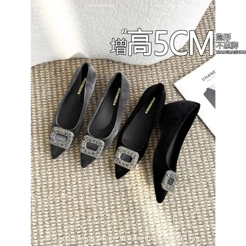 

French Style 5CM Heel Velvet Pointed Toe Single Shoes with Water Diamond Shoes Inner Height Increasing Women's Shoes