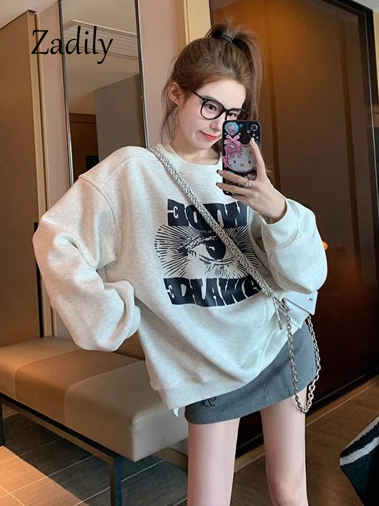 2024 Autumn Streetwear O Neck Women Hoodies Korea Style All-seeing Eye Printing Loose Pullover Winter Female Clothing Tops