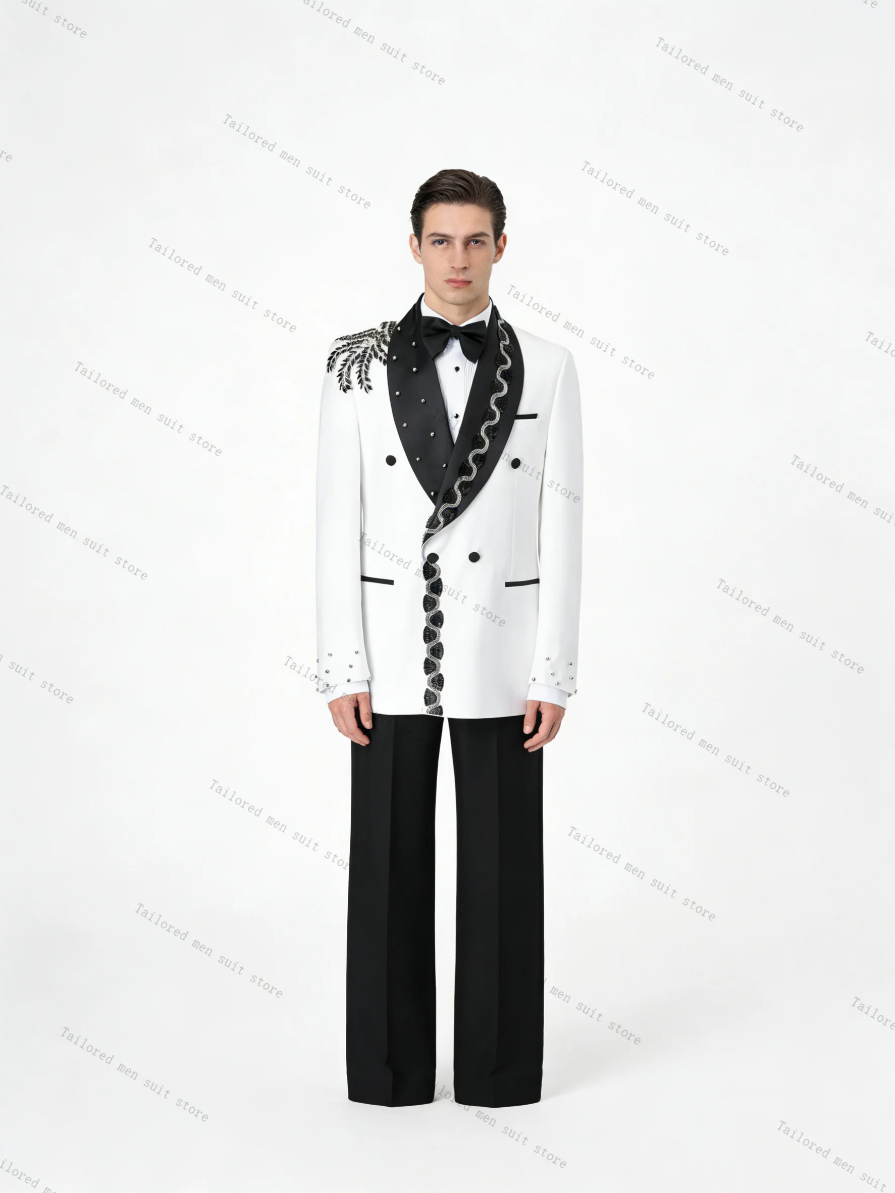 

Groom Crystals Men Suits Pants Set 2 Pcs Blazer+Trousers White Black Wedding Tuxedos Jacket Formal Office Business Coat Outfit