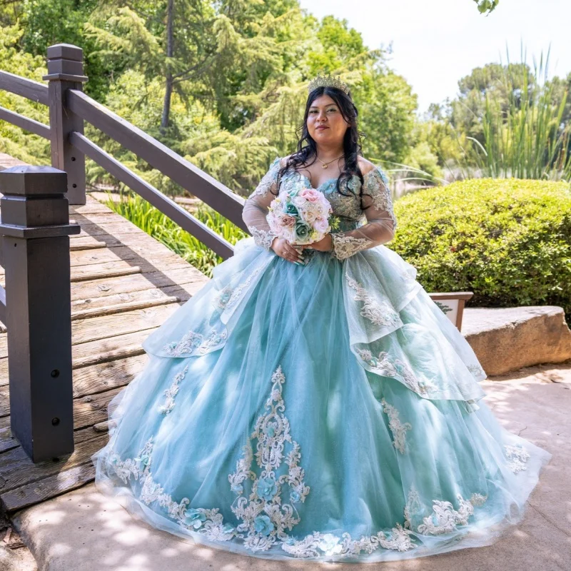 

Customized light green Quinceanera Dresses Off the Shoulder Tull applique 3D flower trailing layering Vestido De 15 Quinceanera