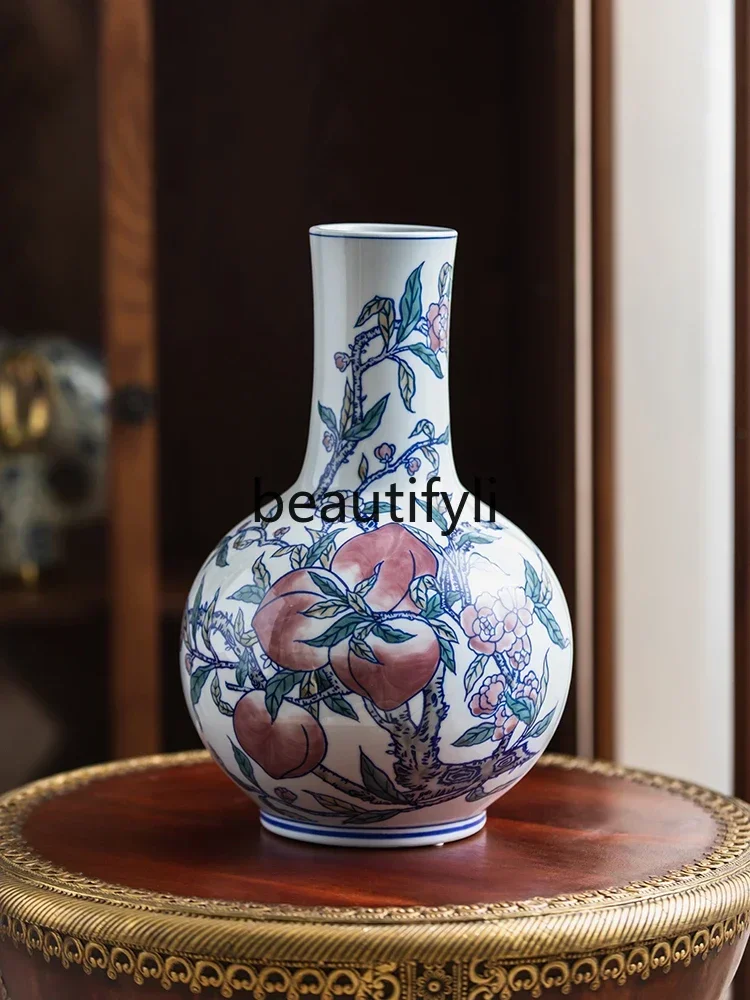 New Chinese underglaze ceramic vase living room ornament artificial hand-painted retro high-end