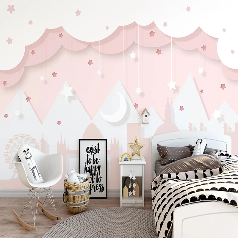 Hand Painted Pink Clouds 3D Wall Mural for Girls Bedroom Kids Room Custom Background Wallpaper Home Decor Papel De Parede
