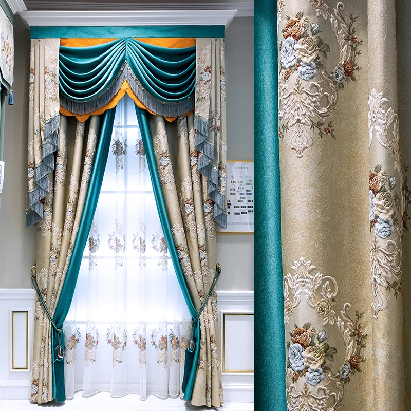 

Custom curtain European luxury villa livingroom jacquard shading balcony coffee cloth blackout curtain tulle valance drape C1303