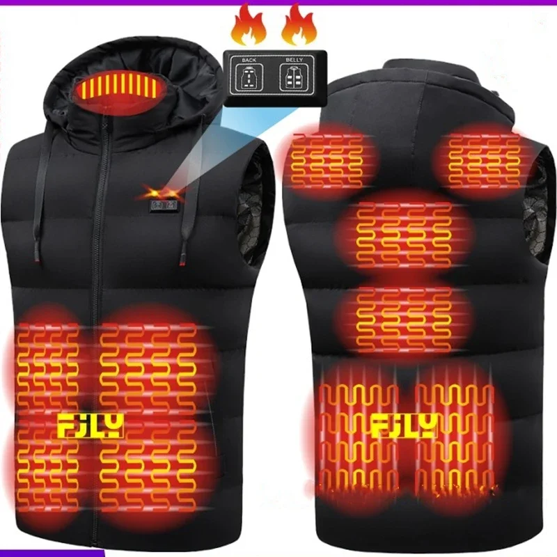 Dual Control 11 Areas Heating Vest Hooded Heating Warm Waistcoat Men Women Heated Cotton Padded Jackets Smart Thermostatic Suit