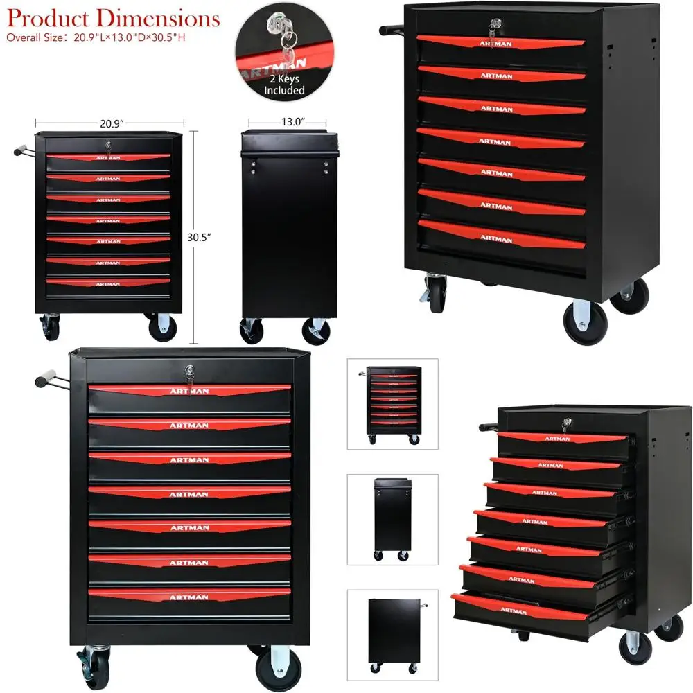 

7 Drawer Rolling Metal Tool Chest, 20 Black & Red Steel Cabinet with Locking Casters