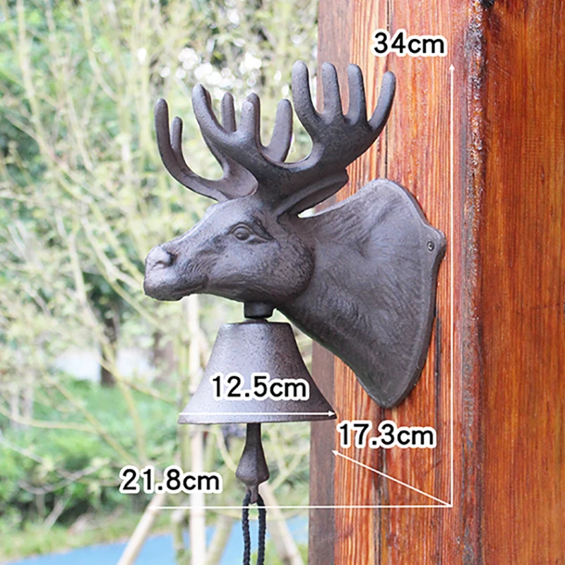 UMEKO Heavy Duty Cast Iron Wall Mounted Bell Retro Reindeer Head Big Size Hand Shaking Hanging For Home Front Door Church School