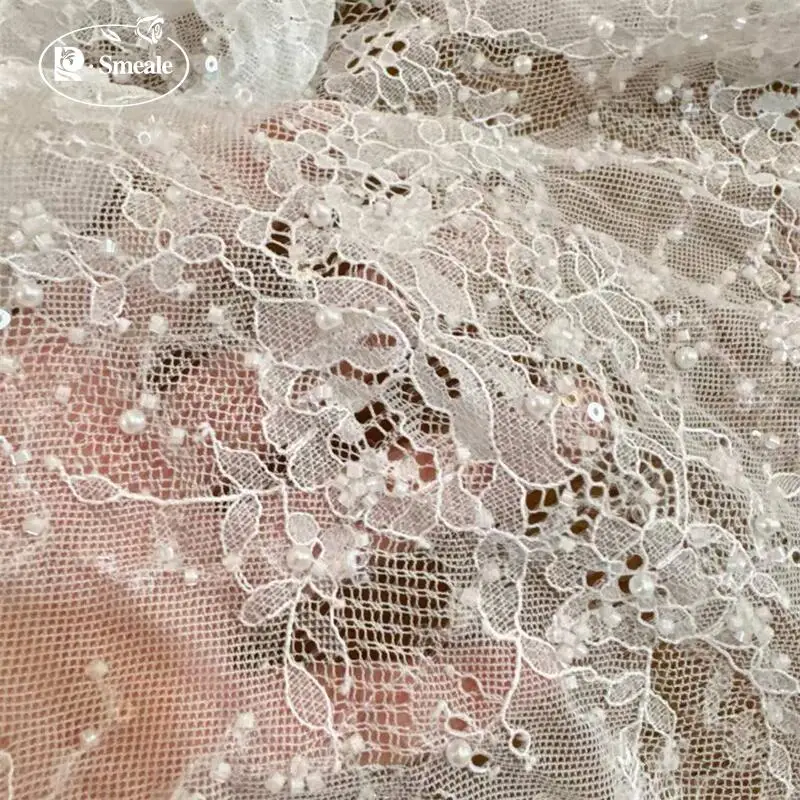 3 Yards. Hochwertige Perlen, Glitzernde Pailletten, Braut-Hochzeitsstoff-Spitze. Luxuriöse Abendkleid-Spitze mit französischer Stickerei. – Detail 4