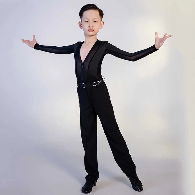 

Black Latin Dance Set Boys Professional Competition Suit Rumba Samba Cha Cha Dancer Practice Wear V-Neck Tops Pants New AMY422