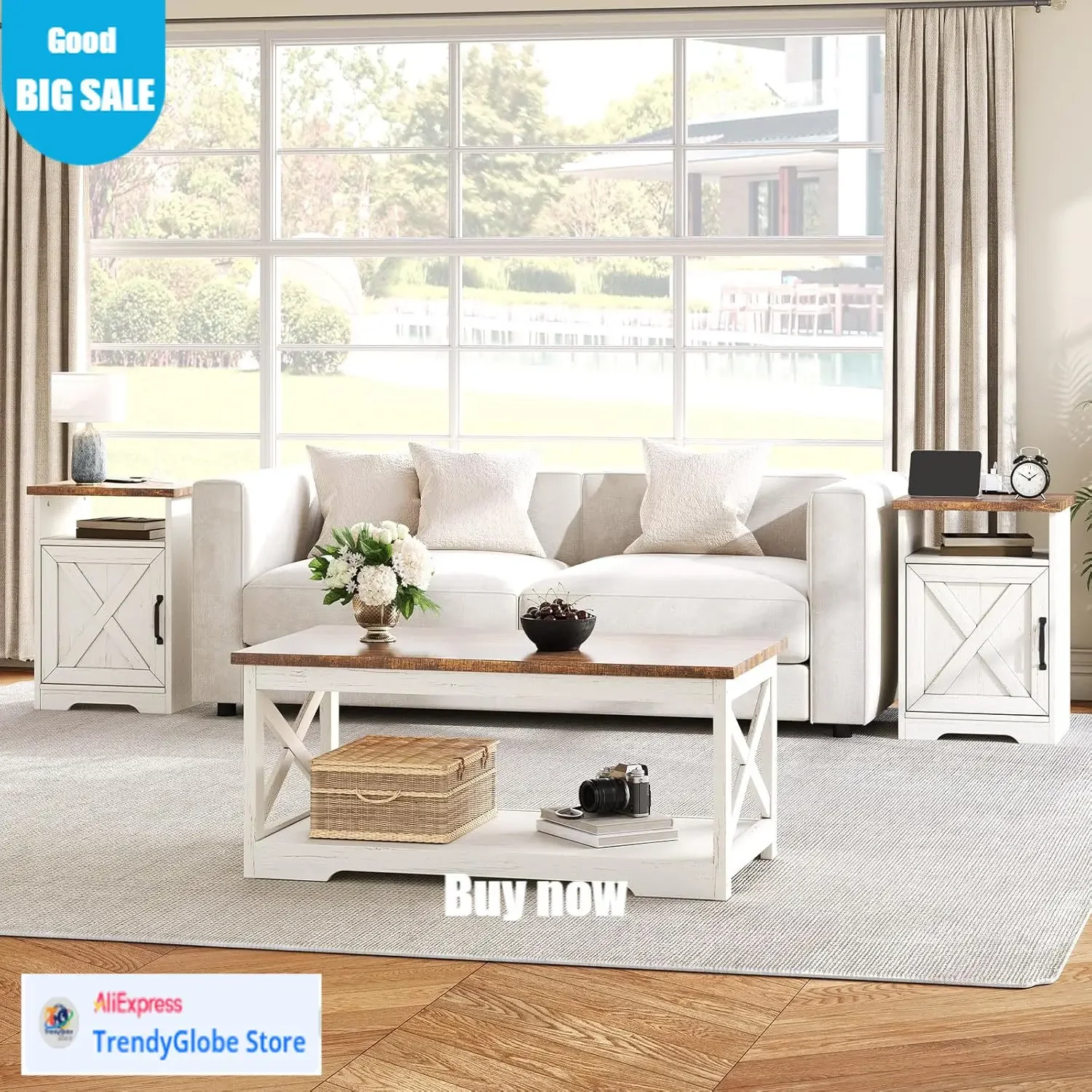 

BestsellerFirst Choice 3-Piece Farmhouse Living Room Table Set With Coffee Table & 2 End Tables, Charging Station & USB Ports, D