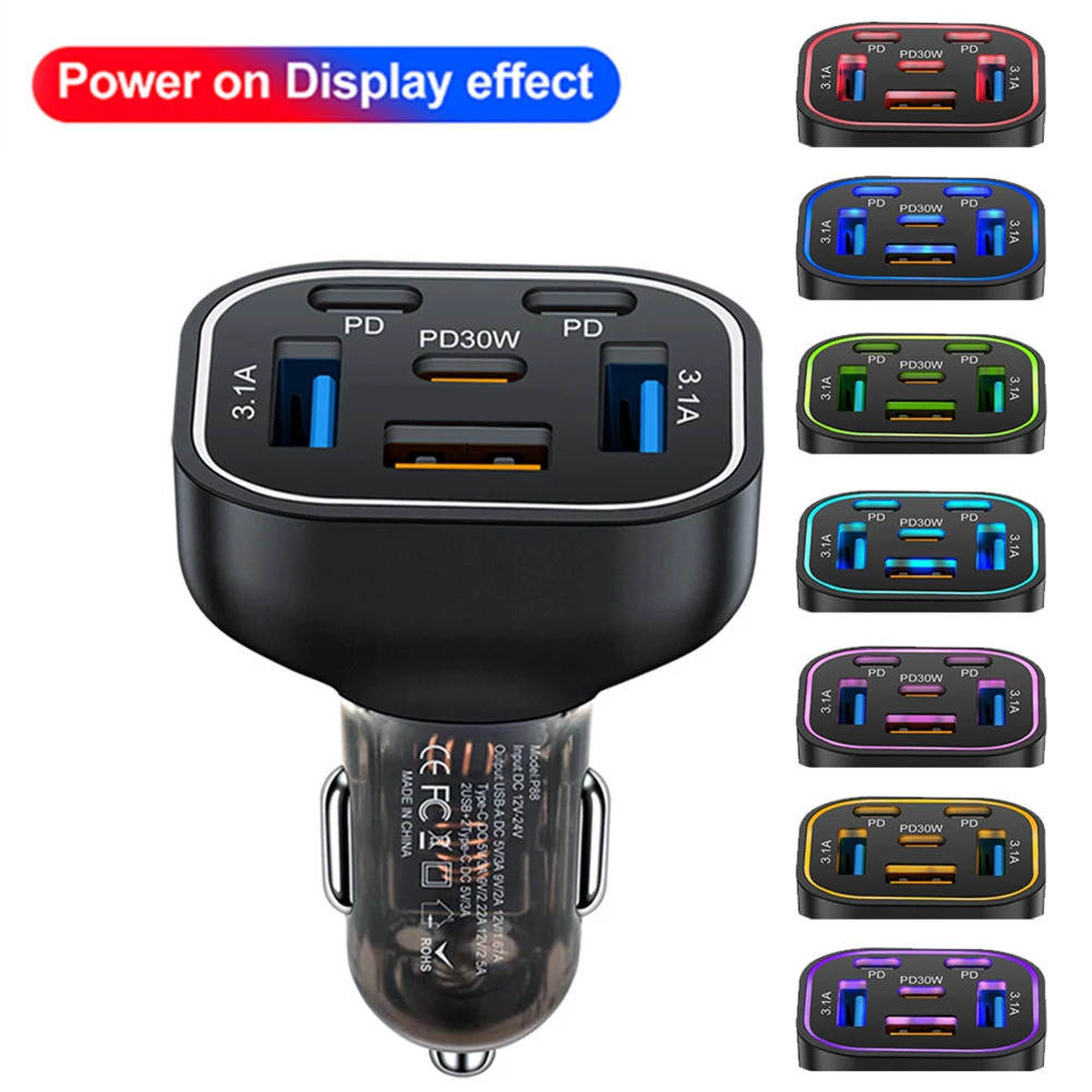 

Olaf Luminous 6 Ports Car Charger USB TypeC 63W Fast Charging For I-Phone A-Ndroid SCP PD QC 3.0 Quick Car Phone Charger Adapter