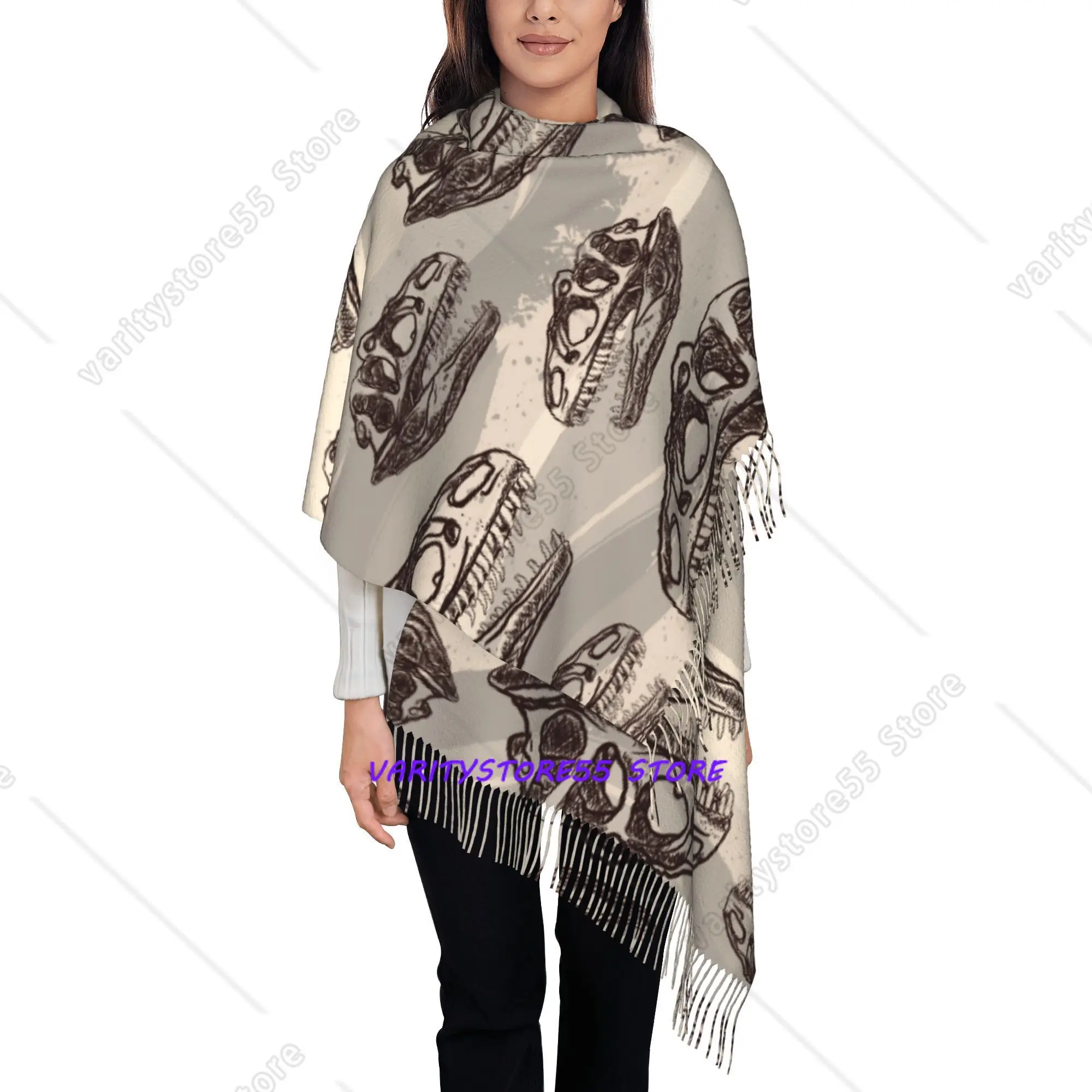 Brown T Rex Skull Tassel Scarf Fashion Style Men's Women's Soft and Warm Decorative Scarf for Daily Dating Vacation Travel
