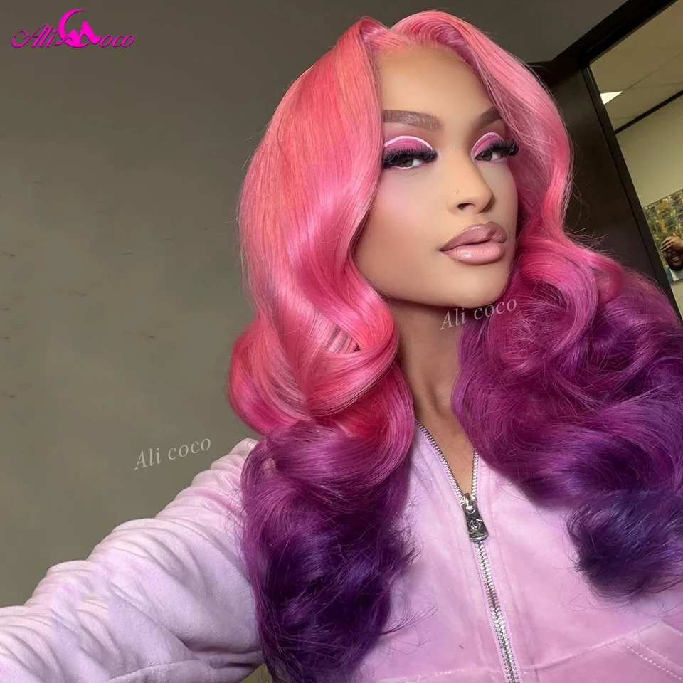 Peluca de cabello humano ondulado Ombre rosa y morado, peluca frontal de encaje 13x4 13x6, densidad 180, onda corporal para mujeres