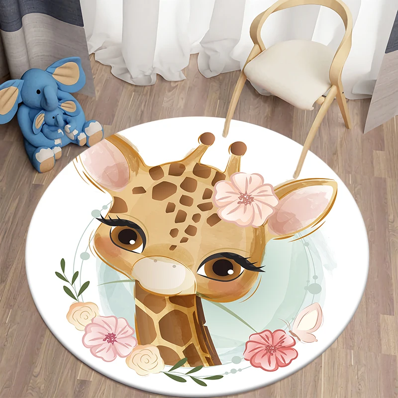 Cartoon Giraffe Round Carpet Decor Rugs Non-slip Animal Pattern Floor Mat for Kids Bathroom Kitchen Living Room Bedroom Carpets