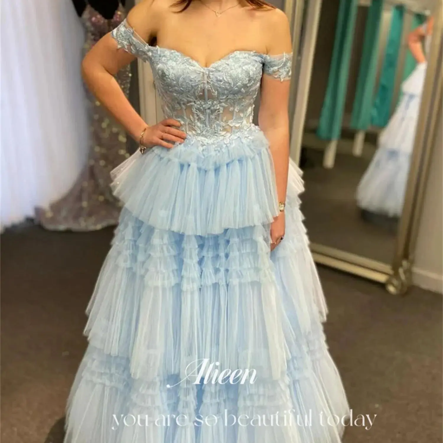 

Aileen Prom Dresses Elegant Evening Party Sky Blue Customized Women's Evening Dress Woman Sweetheart Lace Layered Luxurious Gala