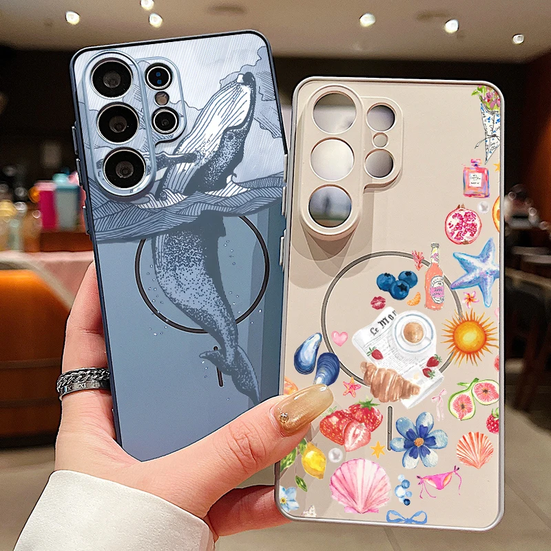Whale Flowers Pattern Magnetic Phone Case For Samsung Galaxy S26 S25 Ultra Edge S24 S23 FE A57 A17 A56 A37 A16 A55 a54 A36 Cover