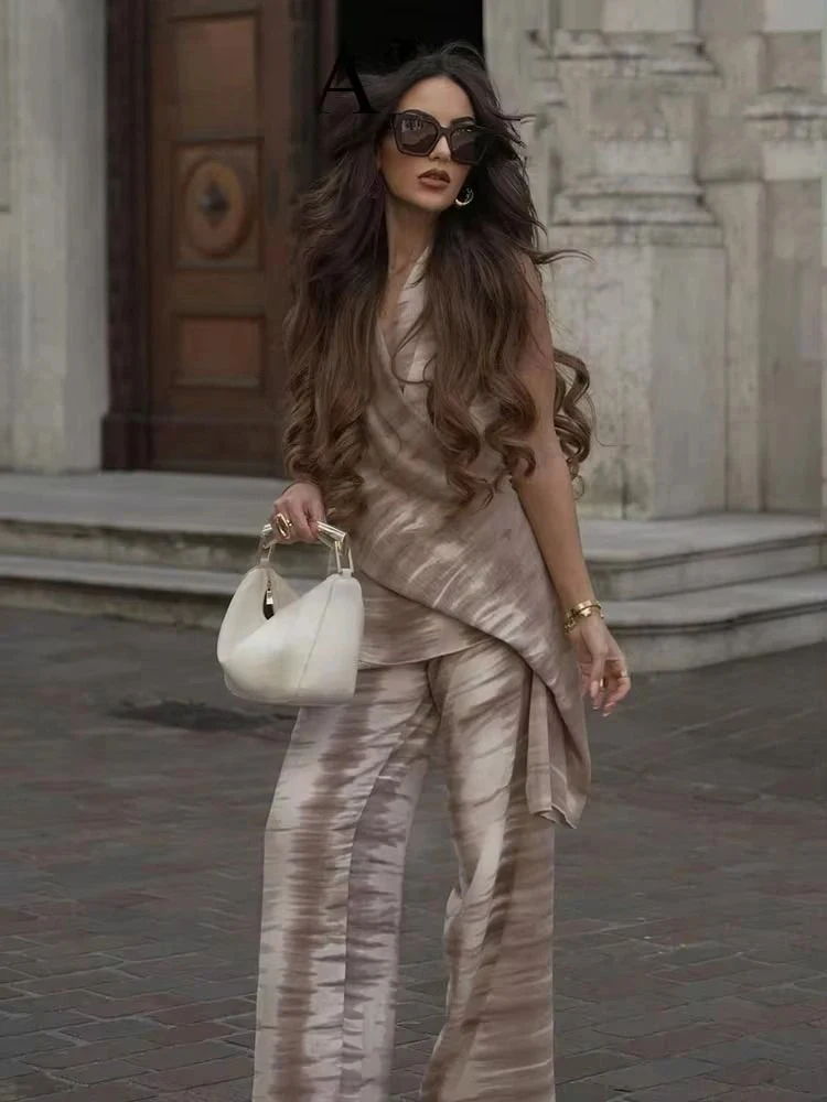 طقم بلوزة نسائية كاجوال كاجوال نسائية عارية الظهر مصبوغة بربطة عنق عتيقة بياقة على شكل V، بلوزة أنيقة برباط برباط عالي الخصر ببنطلون واسع الأرجل