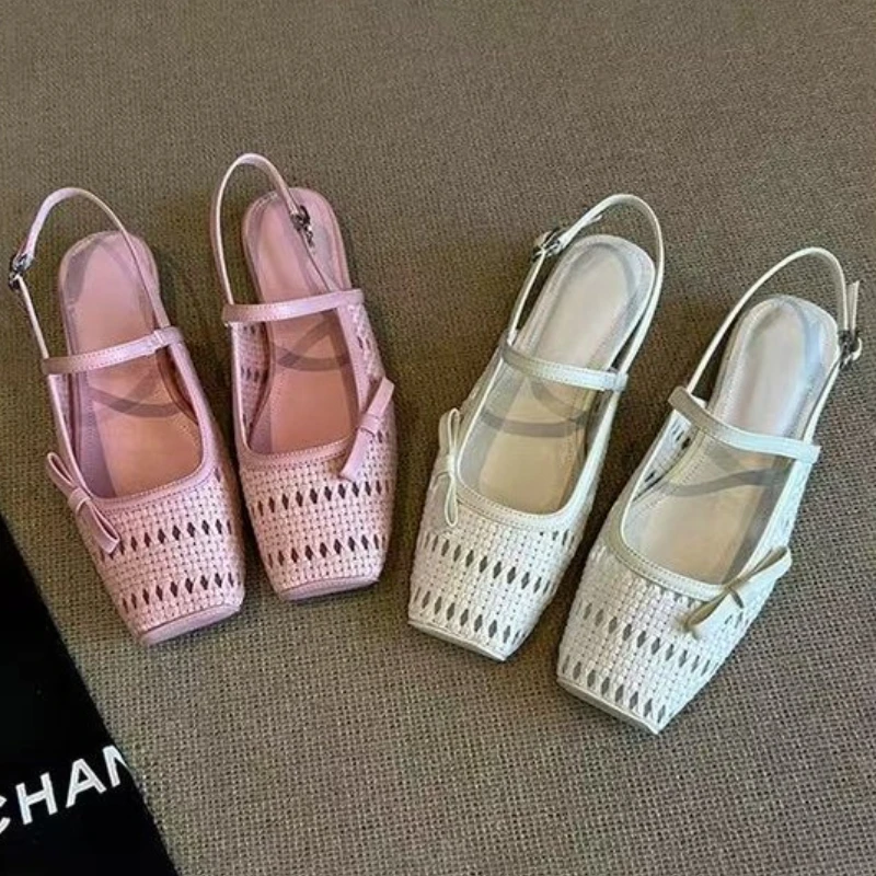 Sandal Hak Jaring Wanita Sepatu Hak Sedang Pita 2025 Sepatu Chunky Dangkal Ujung Persegi Mode Baru Musim Panas Slide Nyaman Berjalan Wanita