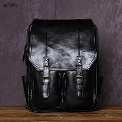 Tree Cream Cowhide Men's Backpack With Large Capacity Fashionable And Casual Top Layer Cowhide Zipper Computer Bag