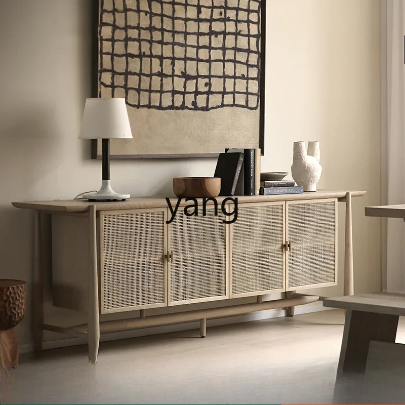 LT Nordic wabi-sandy wind solid wood dining side cabinet retro rattan log porch cabinet