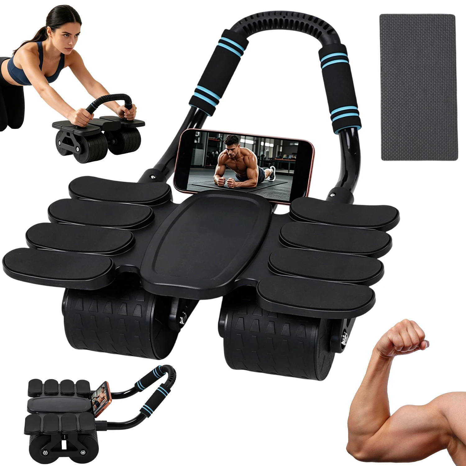 Automatisches Rebound-Bauchtrainer-Rad, Core-Trainer für zu Hause mit verdicktem Kniepolster, 100 kg Tragkraft, Feder-Rückstellfunktion für Bauch-, Rücken- und Armtraining, robuste Übungsrolle,