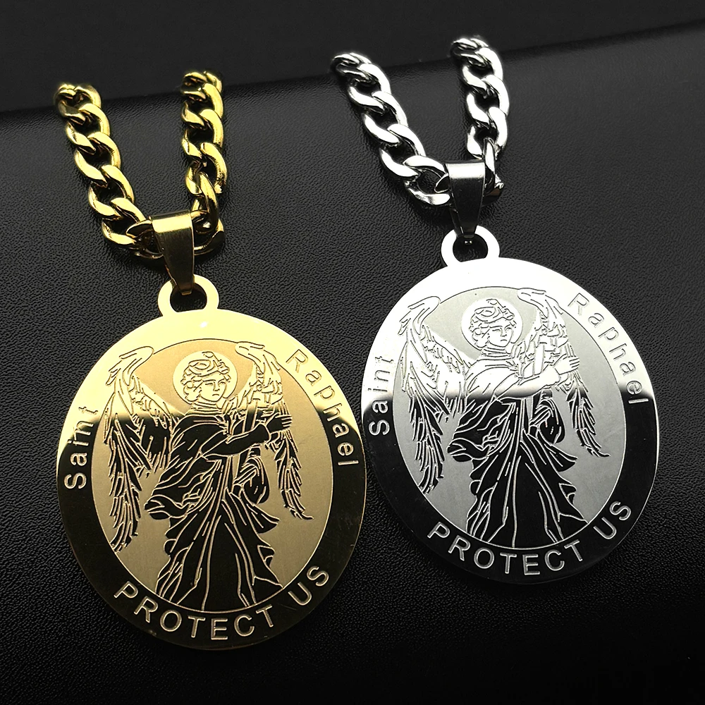 Colliers avec pendentif en acier inoxydable, archange chrétien, Saint Raphaël, gardez-nous, médaille, pour femmes et hommes, chaîne de couleur or, bijoux