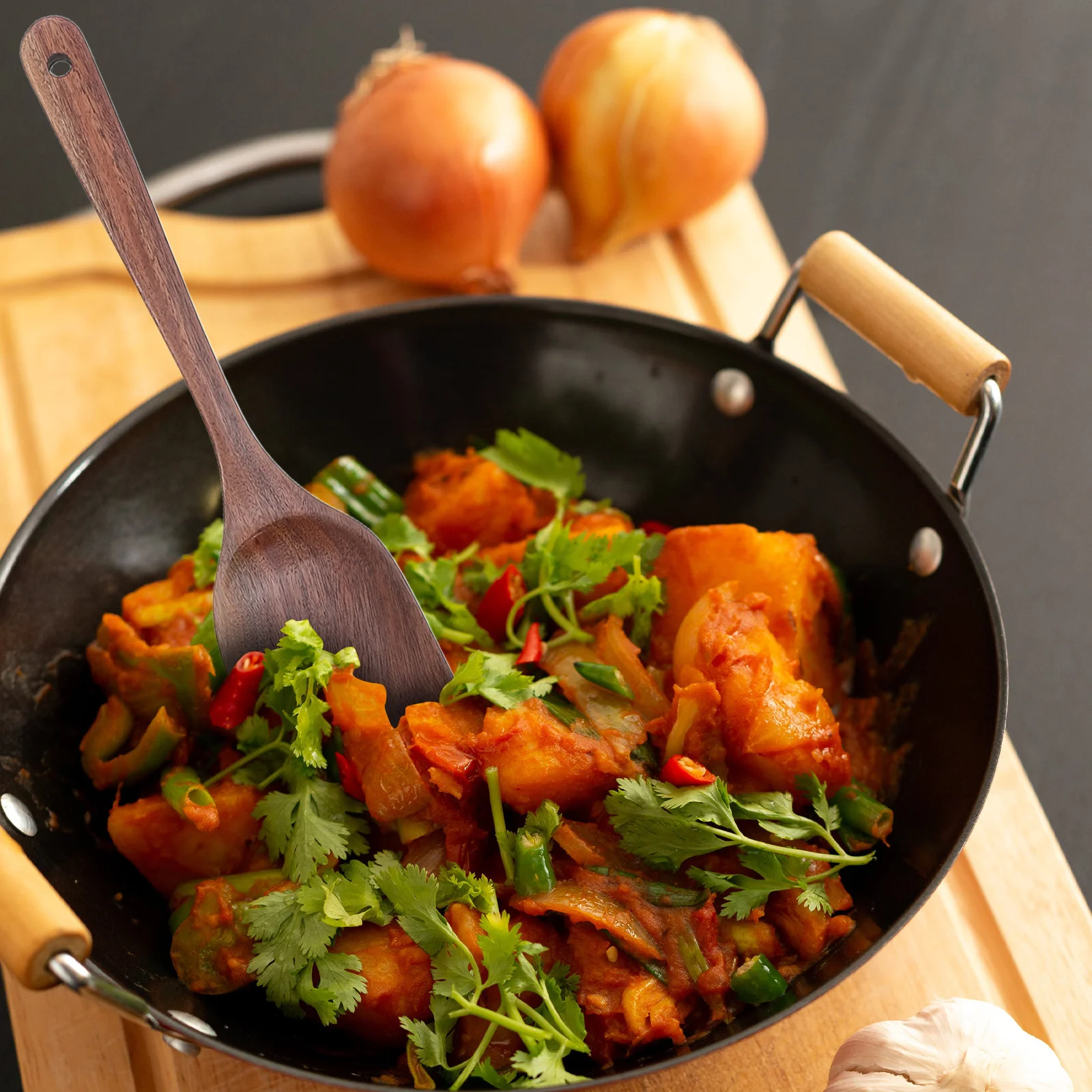 

1 set 1 Set Wooden Kitchen Utensils Set Natural Wood Cooking Tools For Nonstick Pots Spatula Spoon Stir Fry Serving Mixing Ladle