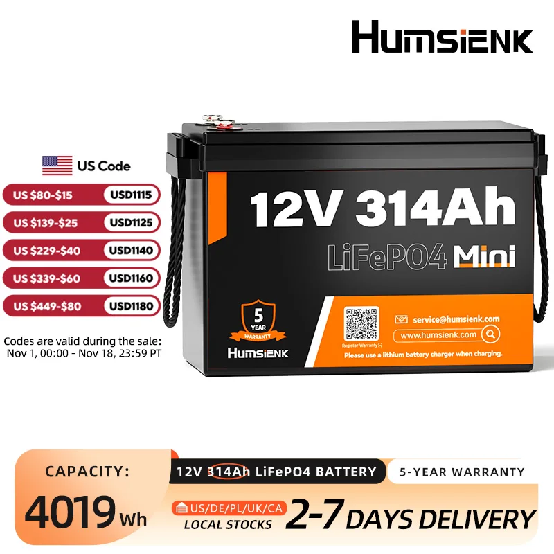 Humsienk 12V 314Ah MINI LiFePO4 Battery, Capacity 4019Wh & 200A BMS, 15000+ Deep Cycle, Low-Temp Protection For RV, Van, Golf Cart, Boat, Camper, Marine, Trolling Motor, Off-Grid, Solar Energy Storage, 5-Year Warranty