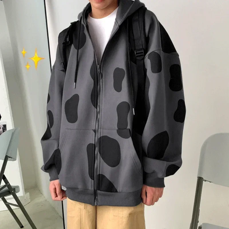Thick Warm Loose Casual Harajuku Jacket New Autumn and Winter Women's Cow Print Print Color Block Zipper Hooded Cardigan Jacket