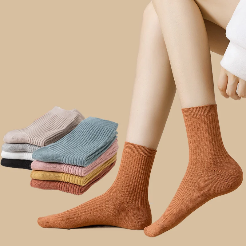 5/10 Pairs Middle Tube Striped Cotton Socks Solid Color All-match High Quality Socks Simple Double Needle Women's Vertical Socks