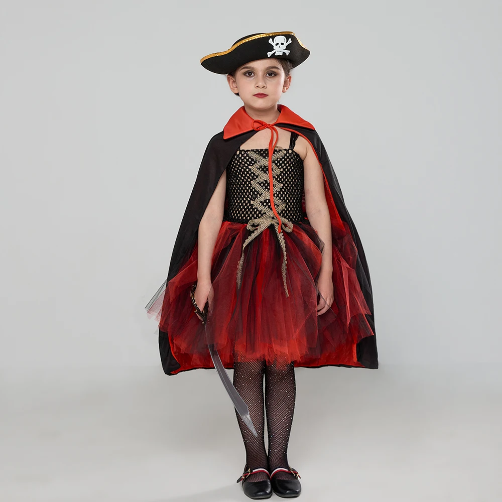 Girls Pirate Dress Sea Buccaneer Costume for Halloween Role Play Set Kids Pirate Fancy Dresses with Accessory Cosplay Clothing
