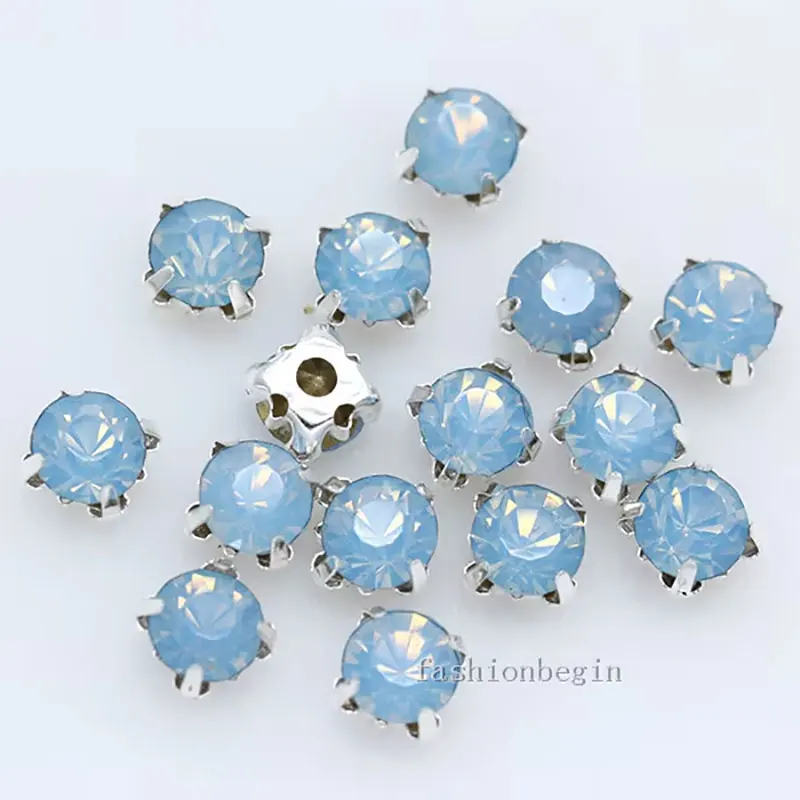 3-8mm Blue Opal Rhinestones | Silver Claw Setting 4-Hole | Sew on Glass Stones for Garment Shoes Bag Jewelry DIY
