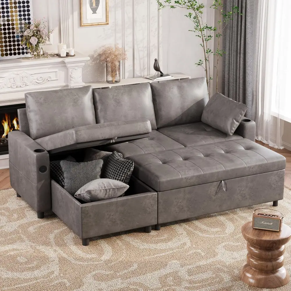 84 Leather Sleeper Sofa Bed, L Shaped Sectional Convertible Pull Out Couch with Storage Chaise for Living Room, Sleeper Sofa Co