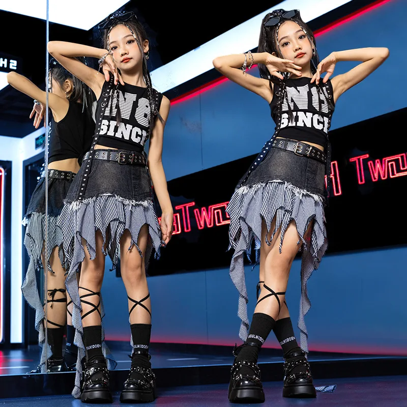 Chidren hip hop roupas hip hop menina conjunto de manga curta colheita camiseta meninas trajes de dança jazz menina modelo moda passarela