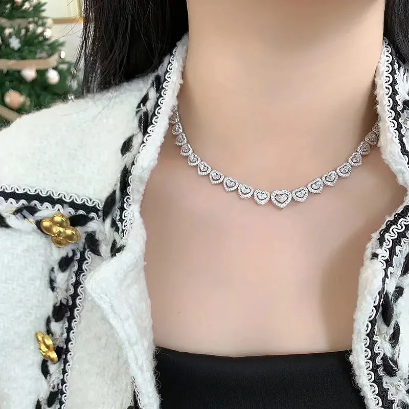 Fashion fine Jewelry Making S925 Silver Necklace Heart Full Diamond Necklace Collar Chain Luxury Fashion Celebrity Elegance