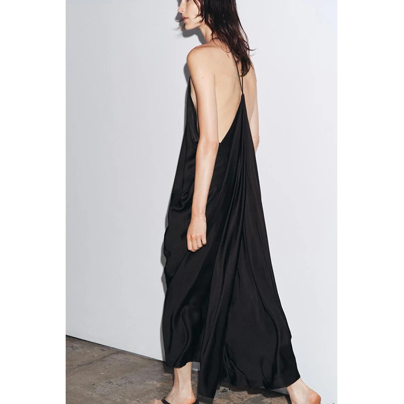 Sommer Damen Fro Seidensatin Stoff Svel Dr Plissee Dekorativer Kragen Viskose Gemischtes Langes Kleid Pendeln Sle Loose...