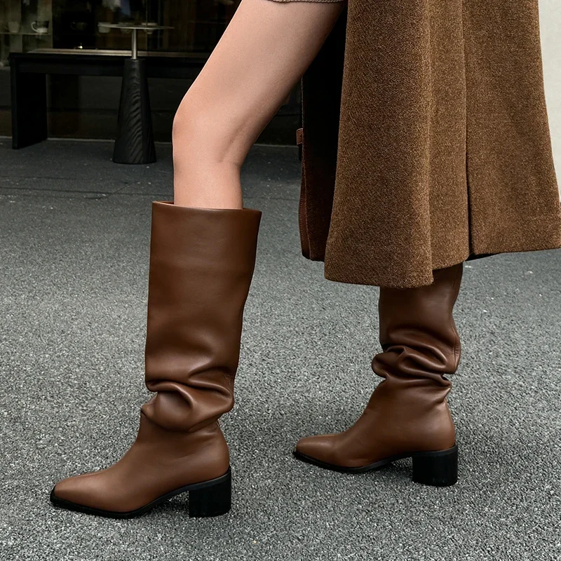 JOZHAMTA Size 33-40 Women Ruched Knee Boots Genuine Leather Wide Calf Chunky Heels Shoes Fall Winter 2025 Casual Long Tall Boots