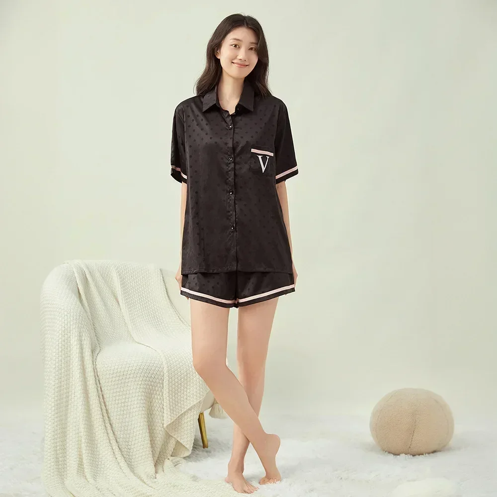 Secret The same stretch satin jacquard embroidered pajamas for women's short-sleeved shorts loungewear set