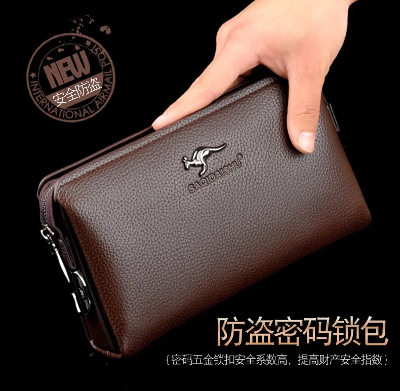 

2026 Luxury Men Leather Clutch Bag Password Lock Long Wallet Wristlet Business Phone Purse Casual Male Handy Bag