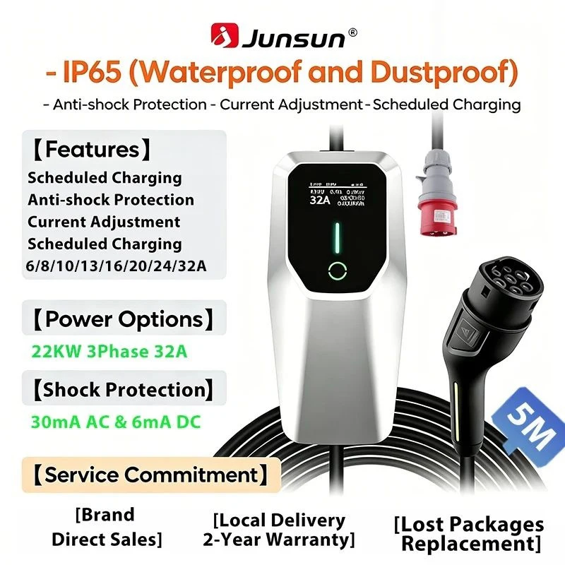 Junsun Draagbare EV-lader 3 6KW 7KW 11KW 22KW IP65 Waterdicht Type 2 Laadkabel 6 8 10 13 16 20 24 32A Instelbare stroom Afgestelde laadvertraging Timer Touch Button bediening 2 jaar garantie voor EU