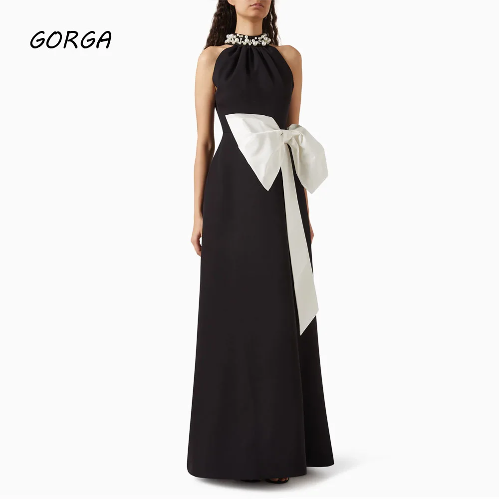 

GORGA Black Beading Halter Crepe A-LINE 2024 Slim Sleeveless Ocassion Gown with Bow Floor-Length Formal Evening Dress