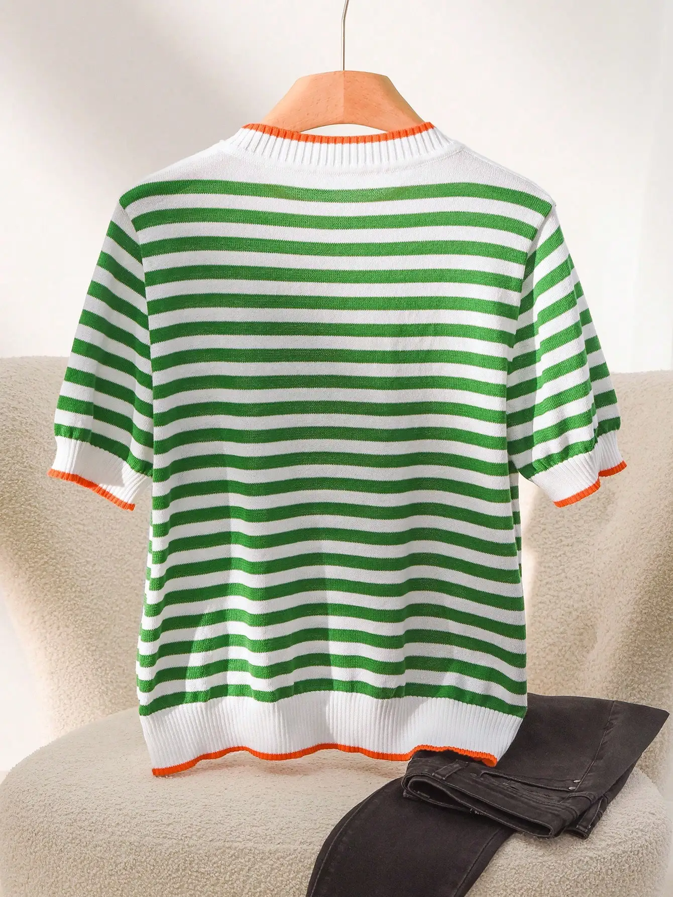 

Casual Striped Contrast Color Round Neck Short Sleeve Knit Top
