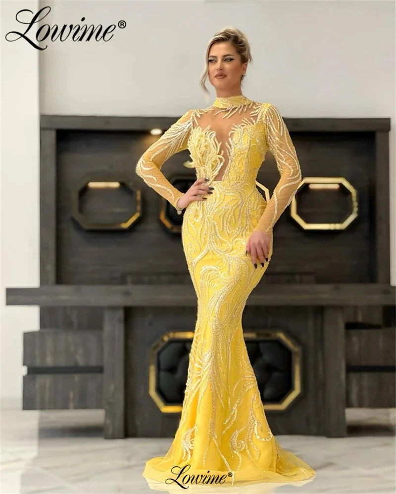 Vestido de manga comprida com lantejoulas, Vestido amarelo, Vestido de festa, Vestidos de baile, Custom Made, Árabe, Dubai, Formal Wear