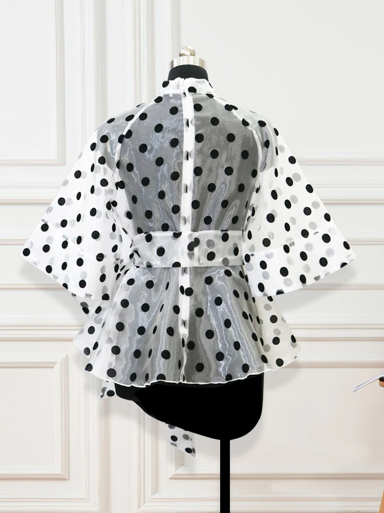 Sexy See Through Blouse and Tops Polka Dot Sashes Waist Slim Ruffles Blouses High Collar Zipper Organza Top 2020 Fashion Female