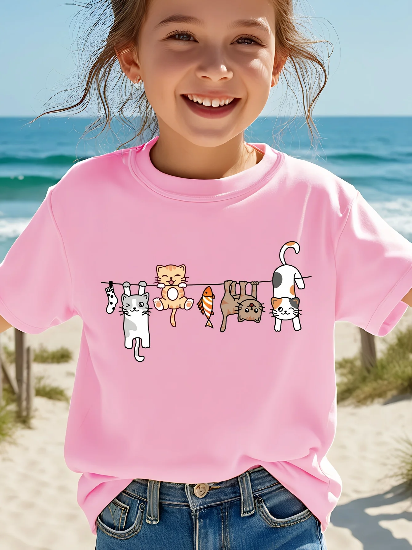 Lovely Cartoon Cats Fish Kids Cotton T Shirt Boys Girls Family Matching Tee Daily Beach Casual Round Neck Children Tops Gifts