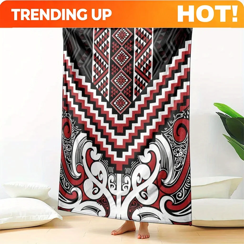 Custom One Maori Tukana Patterned Blanket In Red, Featuring A Putama Mixed Kōhua Style Design. This Flannel Blanket Is Aesthetic