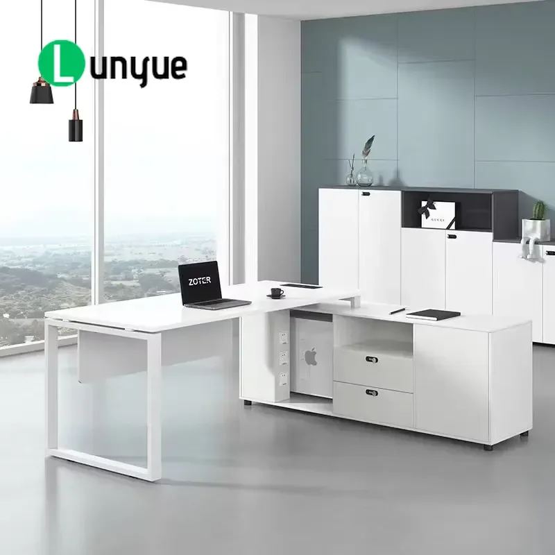 Modern Minimalist White L Shaped Desk Boss CEO Office Computer Table Design Furniture for Home Workstation Study Room Space