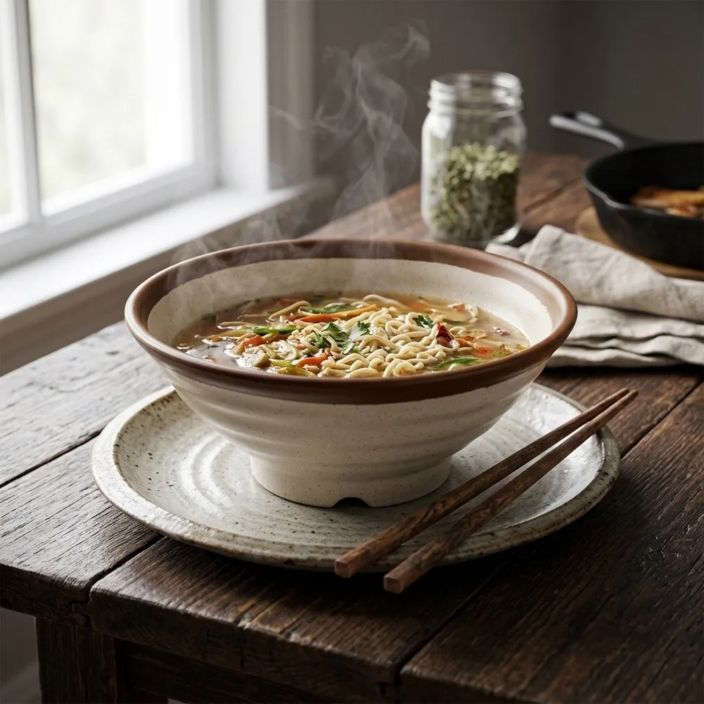 Two Size Melamine Deep Bowl Brown Rim for Cold Dishes Noodle Soup Rustic Wavy Design 800ml 1500ml Beige Brown Tableware