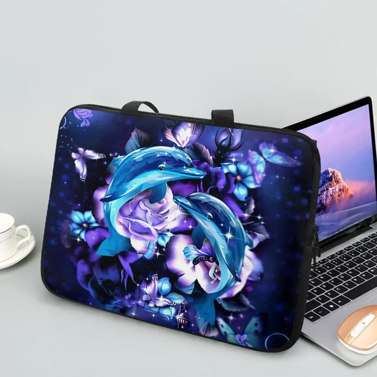 Dolphin Purple Rose Print Laptop Bag Case Cover With Handle Universal Fashion Travel Portable Shoulder Handbag Briefcase 2024
