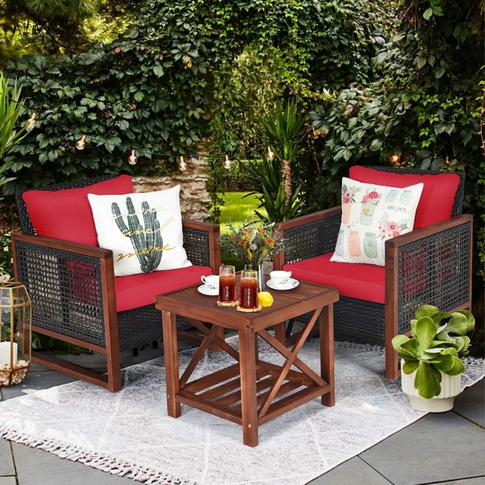 3 Pieces Patio Wicker Furniture Set, Rattan Outdoor Sofa Set w/Washable Cushion & Acacia Wood Coffee Table