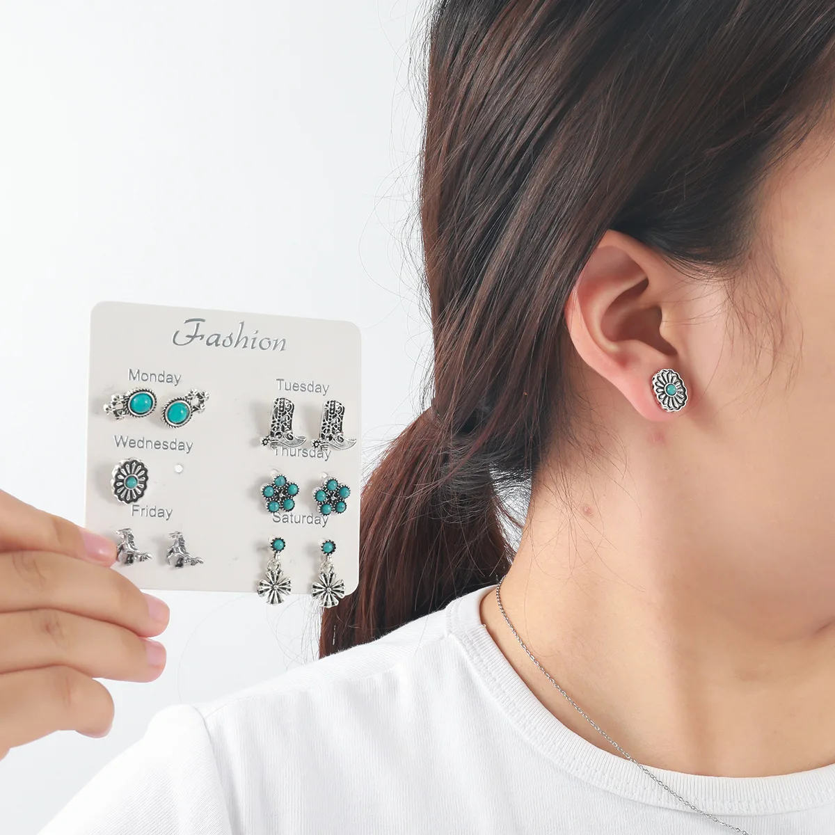 Vintage Bohemian West Cowboy Floral Horse Boots Earrings Turquoise Stud Earrings Set